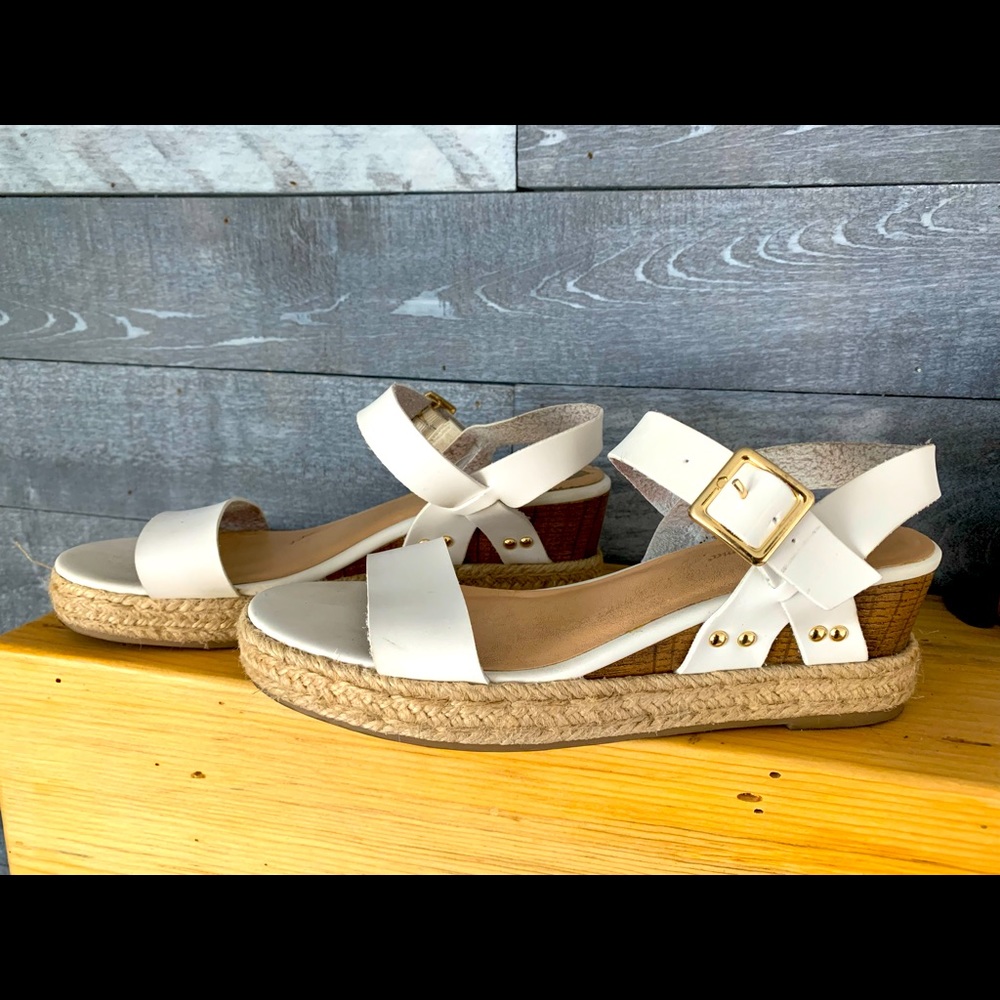 White and brown wedge heels
